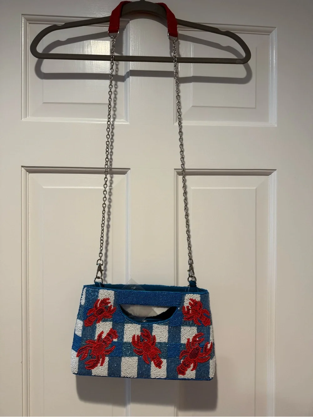 New- America & Beyond Blue Beaded Checkerboard Bag with Beaded Red Lobsters - Picture 2 of 4